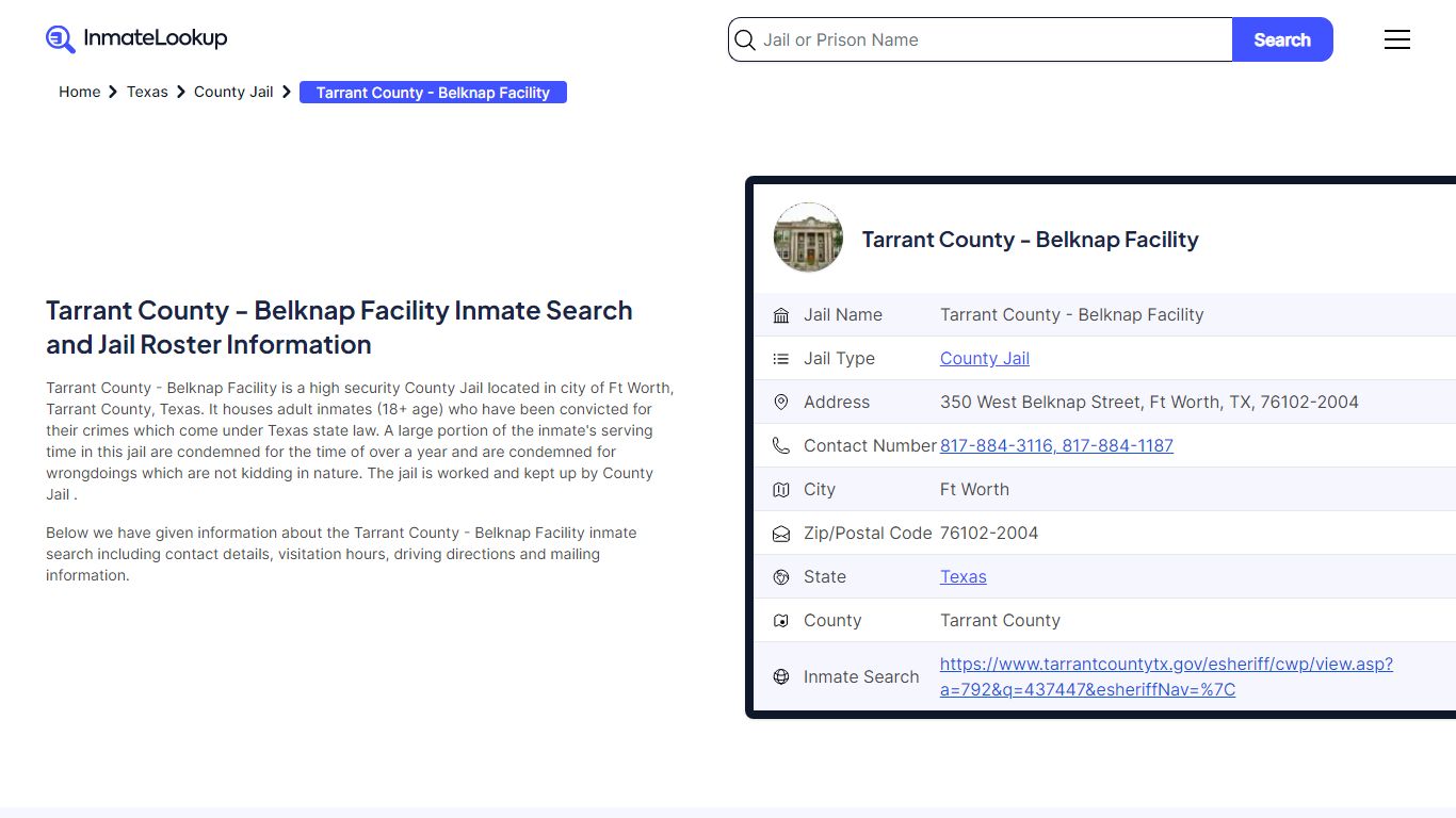 Tarrant County - Belknap Facility (TX) Inmate Search and Jail Roster ...