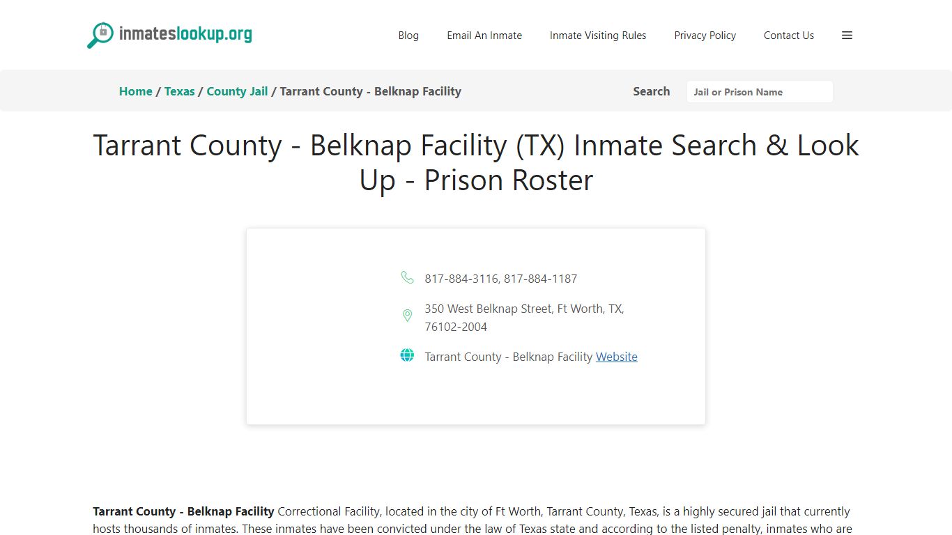 Tarrant County - Belknap Facility (TX) Inmate Search & Look Up - Prison ...